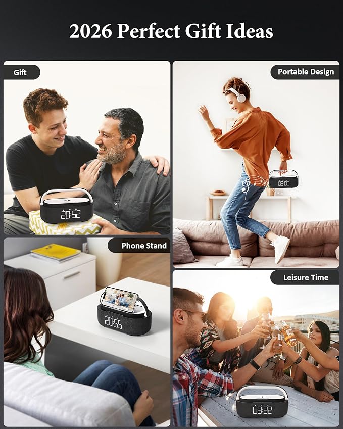 COLSUR Bluetooth Speaker with Wireless Charger, FM Radio, Dimmable LED Night Light, Stereo Sound Dual Wireless Speakers, 2500mAh Portable Speaker for Home Decoration, Bedroom, Office, Gift