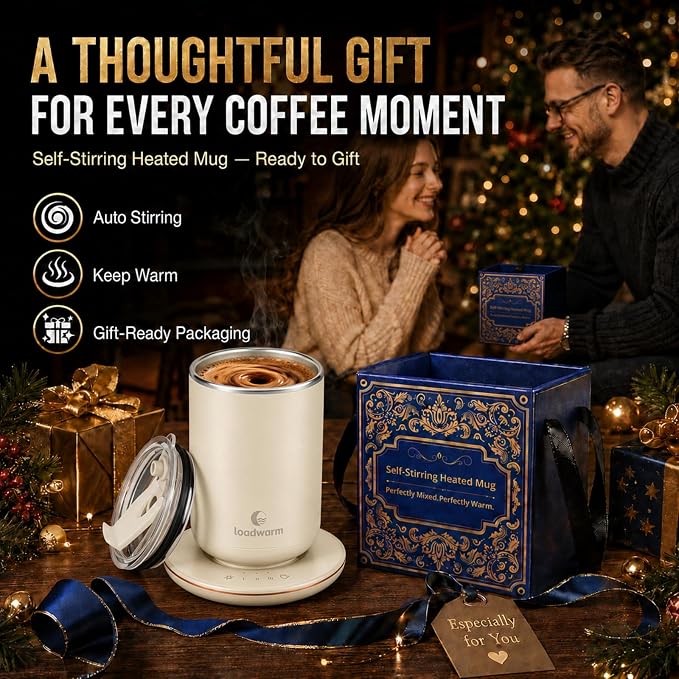 Self Heated Stirring Coffee Mug, 10oz Auto Mixing Cup with Warmer, White | 3 temp settings, food-grade stainless steel interior, 8-hour auto shut-off, plug-in desk mug with Warmer for office home