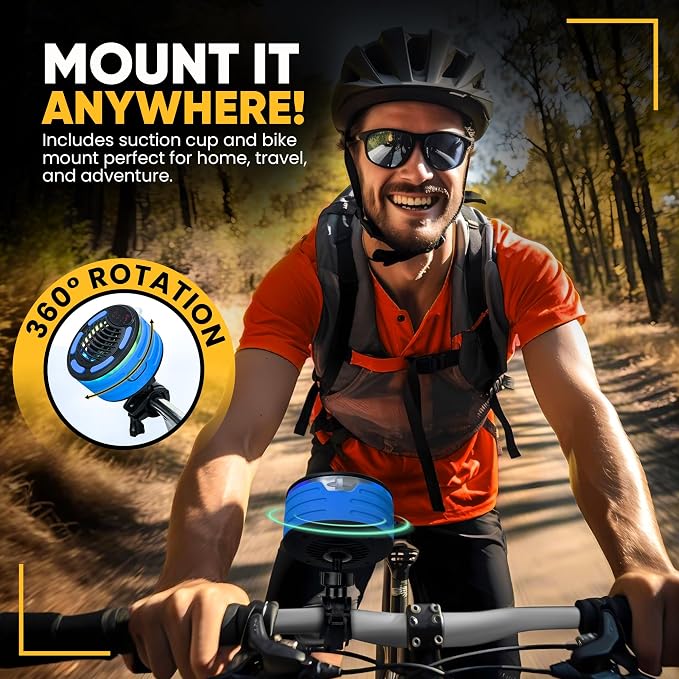 IPX7 Waterproof Portable Bluetooth Speaker with Digital Watch, for Shower, Pool, Beach, Bike, Includes MTB Handlebar Holder, Suction Cup & Carabiner, RGB Lights, FM Radio, USB-C - Gifts