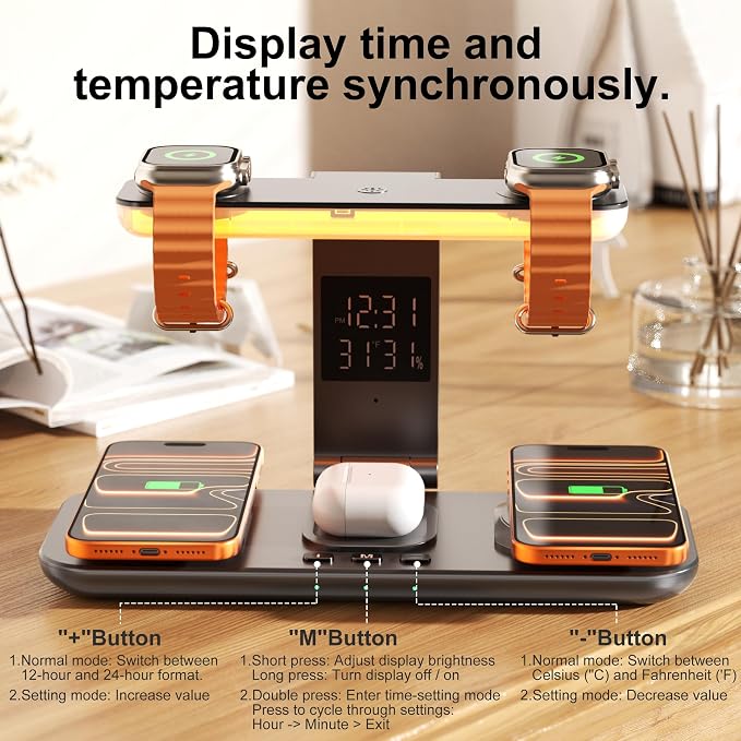 7-in-1 Wireless Dual Phone Charging Station for Apple, Dual Magsafe Charger for iPhone 17-12 Series, for Dual Apple Watch Charger for iWatch, with Air Pods Charger, Night Light & Clock