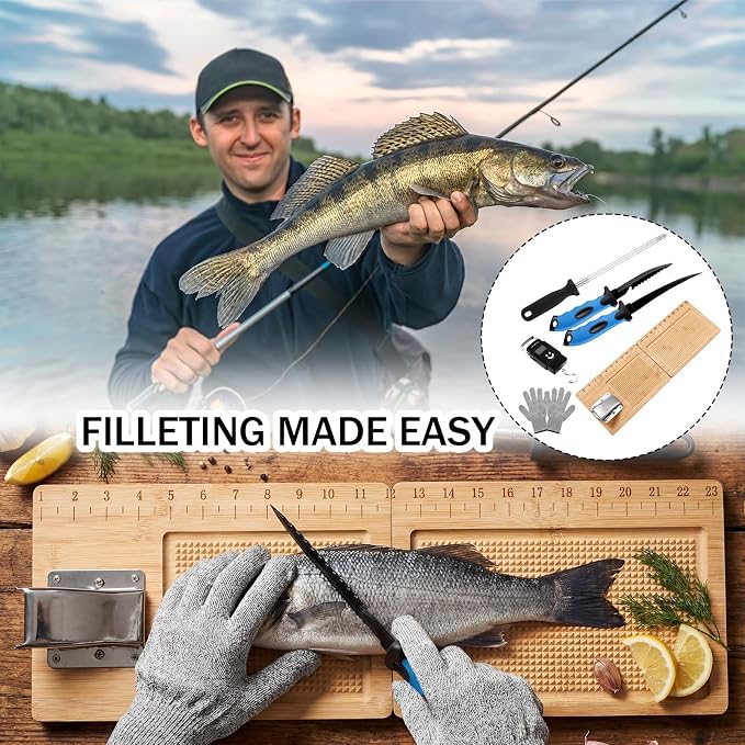 6 Pcs Fish Cleaning Kit Include Cutting Board Fish Fillet Boards with Clamp 2 Knife Cut Resistant Gloves Scale with Built in Measuring Tape Sharpening Rod(Foldable)