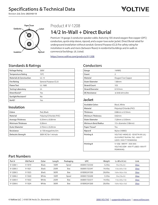 Voltive 14/2 Speaker Wire, in-Wall CL3 & Direct Burial, White, 100ft - 14AWG, 2 Conductors, Stranded Oxygen-Free Copper, UL Listed - V-1208-2