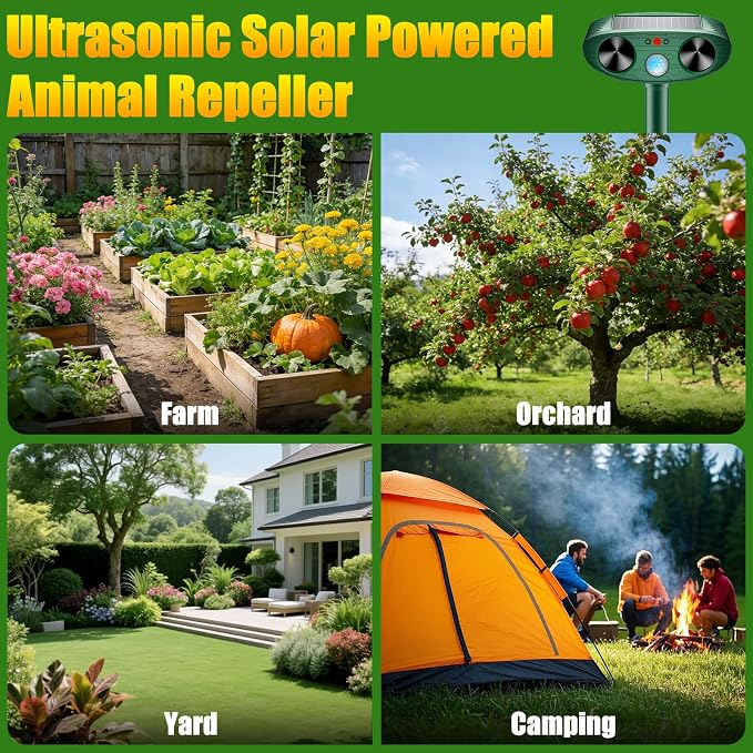 2026 Upgraded Solar Ultrasonic Animal Repellent Outdoor Deer Cat Repellent with Motion Sensor Flash Light, IP65 Waterproof Repeller Keep Rodent Squirrel Raccoon Opossum Skunk Out of Yard Farm