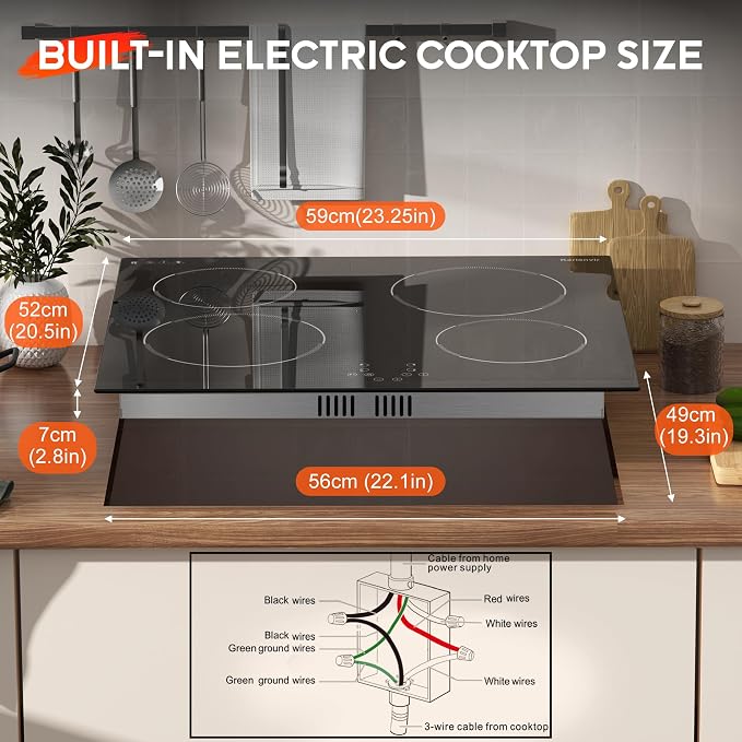 24 Inch Electric Cooktop Built in Electrics Stove Top, 4 Burner Electric Stove, Touch Control, 6000W, 9 Power Levels, Safety Lock, Timer, Pause Function, 240V Hard Wire(No Plug)