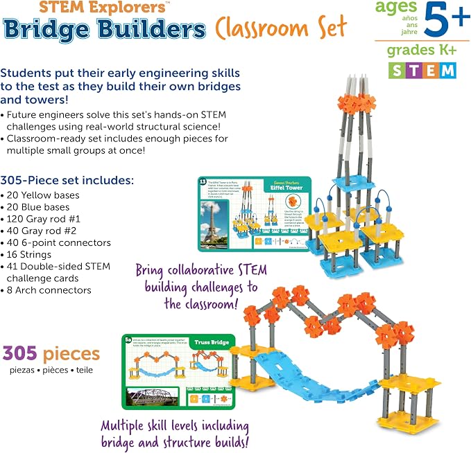 Learning Resources STEM Explorers Bridge Builders Classroom Set, 305 Pieces, STEM Projects for Students Ages 5+, Back to School and Teacher Supplies