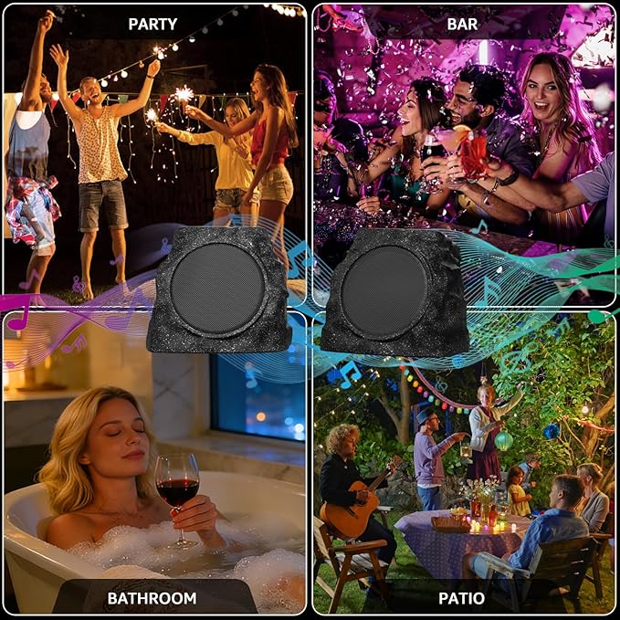 MIKK 2 Pack Solar Rock Speakers Outdoor Waterproof Patio with Lights Color,Multi-Sync Up to 100 Speakers Pairing Solar Powered Rock Speaker Rechargeable for Pool Party Yard Outside