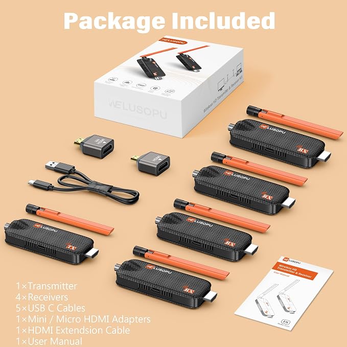 Wireless HDMI Transmitter and 4 Receivers, Support Up to 6 Receivers, 5.8G HDMI Wireless Extender Casting Content for PC Laptop Camera Cable Box to Multiple TVs Monitors Projectors -165FT