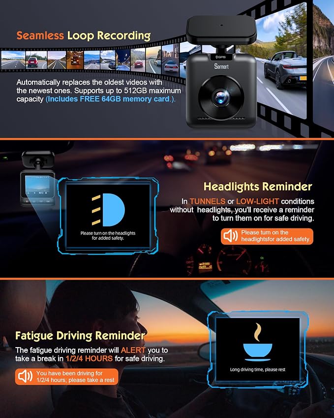 Sarmert C2 4K Dual Dash Cam Front and Rear - Built-in GPS and 5G WiFi, Free 64GB Card Included, 4K UHD Dash Camera for Cars, Night Vision, WDR, Loop Recording, App Control, 24H Parking Mode