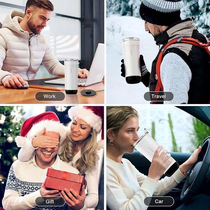 Vsitoo S5 Self Heating Travel Mug 16oz, Rechargeable Coffee Mug with Car Charger Kit, AI Auto-Sensing Temp Control Heated Cup for Home Office Car, App Control, Gift Women Men - White