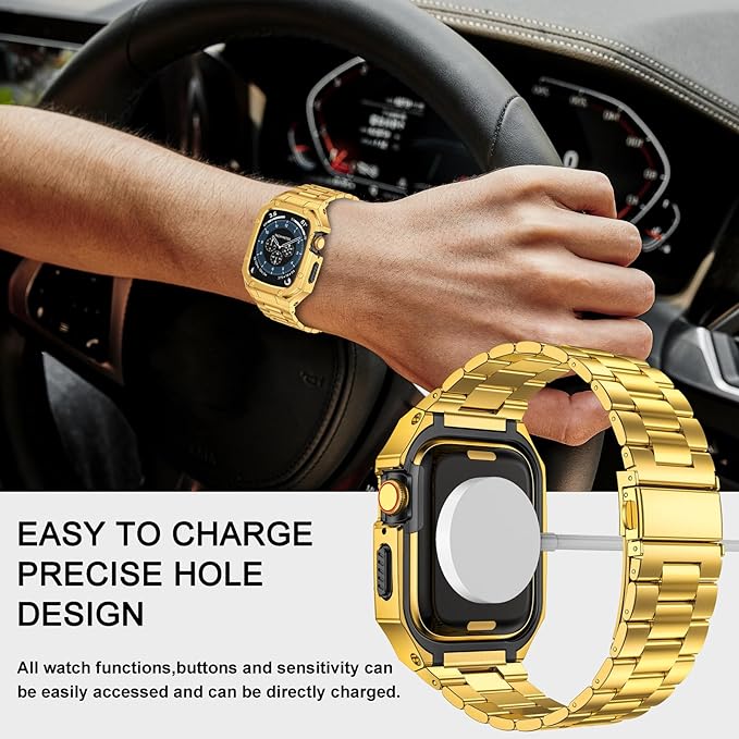 BAITEYOU Stainless Steel Watch Band with Case Compatible with Apple Watch Series 11 10 42mm, Rugged Strap with Metal Protective Bumper Cover for iWatch Bands Men (Gold)