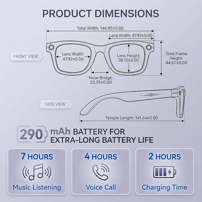 AI Smart Glasses with Camera, 1080P HD POV First-Person View Video Recording and Translator, AI Object Recognition, Bluetooth Audio, 290mAh Battery, Photochromic Lenses for Sports, Travel, Work