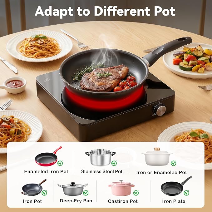 SilentPro Tech, 45dB Quiet Cooking Hot Plate: Portable Electric Burner with Boil-Dry Protection & 6 Heat Settings – Electric Stove with 2026 Precision Temp Control