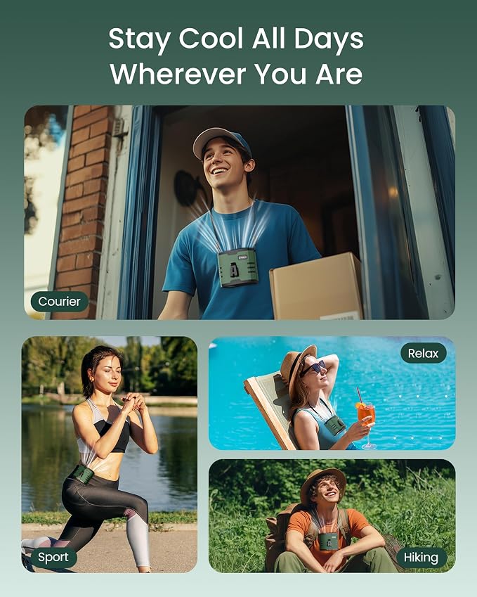 Portable Waist Fan 10000mAh Rechargeable,Clip on Belt Fan With 10 Speeds 16000PRM Strong Airflow,Hands-Free Hanging Neck Fan,Long-Lasting Cooling for Camping,Hiking,Outdoor,Jobsite,Green