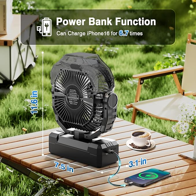 Portable Misting Fan, 36000mAh Rechargeable Battery Powered Camping Fan with 460ml Tank & 6.6ft Mist, 4 Speeds 2 Light Modes for Outdoor Patios Travel Jobsite Beach Summer Essentials - Black