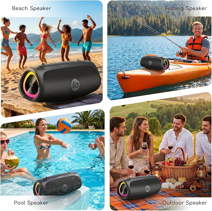 TAZATA Portable Outdoor Bluetooth Speaker, 90W Subwoofer, 100 + Speaker Pairing, BassUp 2.0, IPX7 Waterproof, Floatable, Bluetooth 5.3, RGB Lights, 6 Custom EQ, for Party Beach Pool - Black