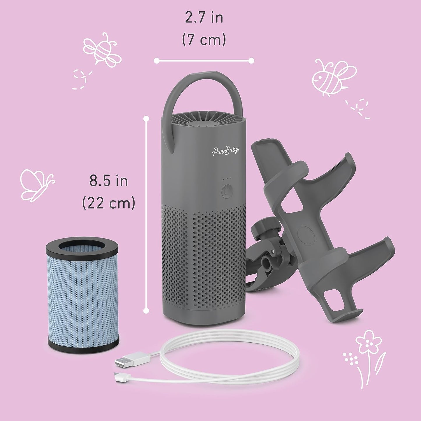 Pure Enrichment PureBaby On-the-Go Air Purifier - Portable Stroller Air Purifier & Adjustable Clamp for Car Seat, Crib, Bassinet & Playpen - True HEPA Filter Removes 99.97% of Allergens Around Baby