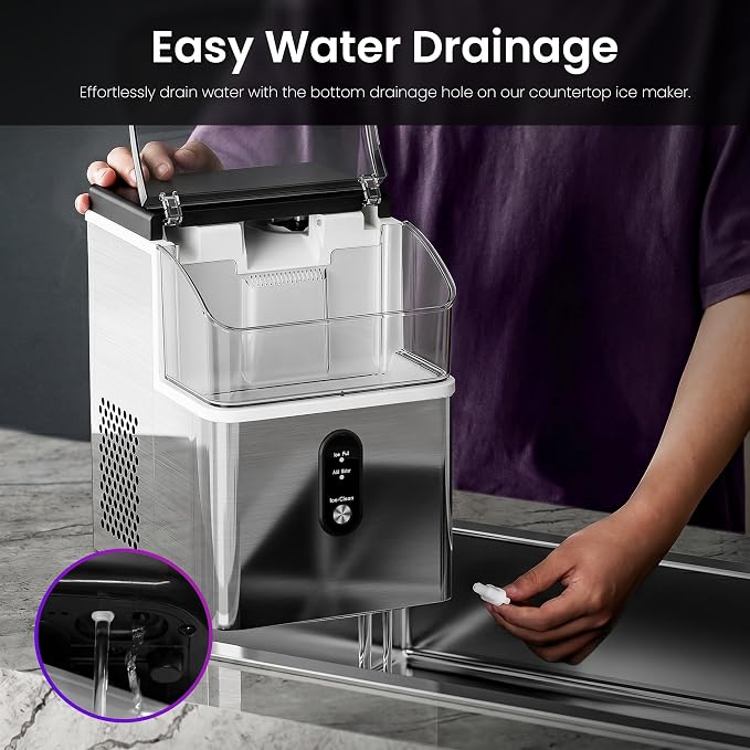 Kismile Portable Nugget Ice Maker Countertop, 33Lbs/Day Pebble Ice Machine with Self-Cleaning Function, Chewable Sonic Ice Maker with 1.1L Water Tank for Home Kitchen Office Bar