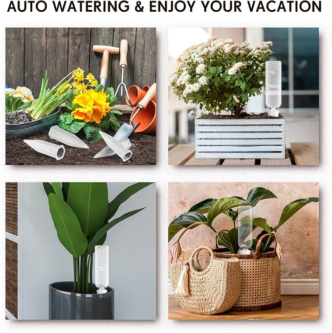 Ziliny 8 Sets White Terracotta Watering Spikes with 25 oz Plastic Bottles Vacation Plant Waterer Self Watering Slow Release Planter for Indoor Outdoor