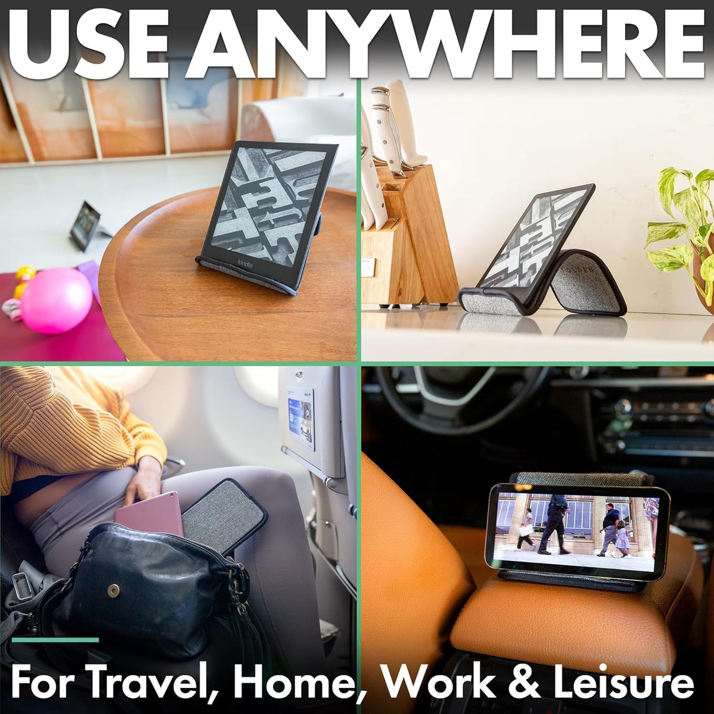 Folden Phone & Tablet Holder Stand 9x5” – Flexible Stand for Flying, Traveling, in-Flight, Zoom Video Calls, Books – Airplane Travel Essential, Compatible with iPhone, Android, Kindle (Tweed)