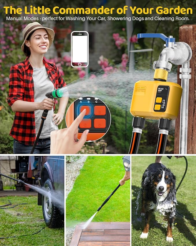 WiFi Water Timer 2 Zone for Garden Hose, Smart Sprinkler Timer with 984ft RF Range, Brass Inlet and Outlet, APP/Voice Control, Rain Delay, Automatic/Manual Irrigation