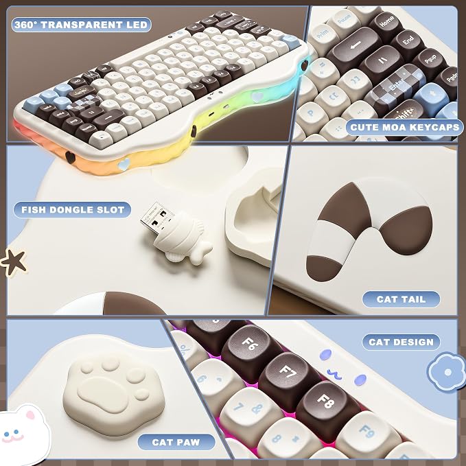 YUNZII C75 Wireless Mechanical Keyboard, 75% Layout, Hot-Swappable NKRO, BT5.0/2.4G/USB-C Mode, Dye-Sub PBT MOA Keycaps, RGB Gasket Mount, Cute Cake Design for Mac/Win/Gaming (Choco, Milk V2 Switch)