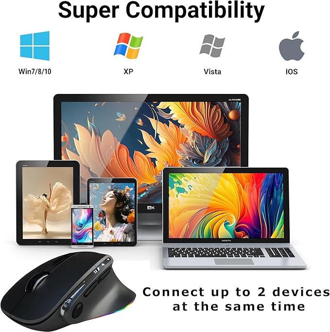 Wireless Mouse Ergonomic Vertical Mouse for Large Hands Rechargeable Big Quiet Silent Ergo Blue LED Light Carpal Tunnel Mice for PC Laptop Computer Macbook Office Gift,Bluetooth Vertical Mice
