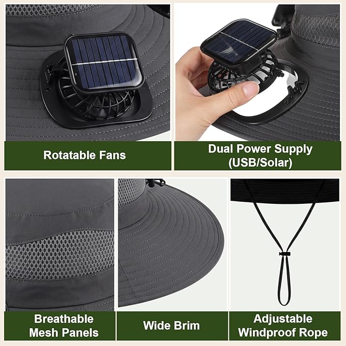 Syhood Solar Powered Fan Hat Neck Gaiter Arm Sleeves Sun Bucket Hat with Fan Cooling Wide Brim Hats for Fishing Hiking