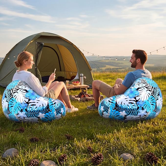 Capoda 2 Pack Hawaiian Inflatable Chairs with Electric Air Pump, Tropical Leaf Blow up Sofas for Adults, Portable PVC Lounge Seat for Beach Pool Camping Dorm Reading Gaming Travel Indoor Outdoor, Blue