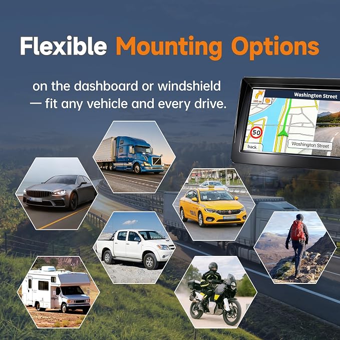 GPS Navigator for Car Truck RV Pickup, 7-inch with Hood No Network Required | 2026 Offline Map with Free Updates Lifetime, HD Touchscreen, Voice Guidance, Speed & Traffic Alerts, Custom Route by Car Size