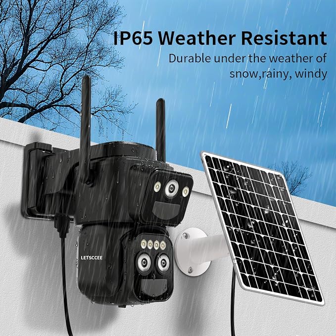 LETSCEE Security Cameras Wirelss Outdoor Solar Powered for Home Security, 360 View Outside Camera,Motion Detection,10x Hybrid Zoom PAN Tile,i IP-65 Weather Proof (3 Lens Hybrid Zoom)