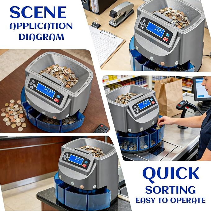 Coin Counter Machine, Coin Sorter Machine with LCD Display, 500 Coins Capacity Automatic Coin Sorter and Wrapper Machine, Sorts up to 270 Coins/min, Change Counter for USD Coin 1¢ 5¢ 10¢ 25¢ $1