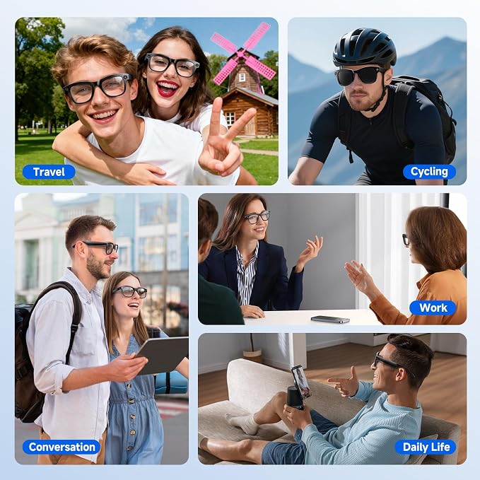 AI Smart Glasses with Camera, 4K Video Recording Glasses & 8MP Photo Capture, Open-Ear Bluetooth Audio Sunglasses, Real-Time Voice Translation, AI Assistant & Object Recognition for Travel Vlog