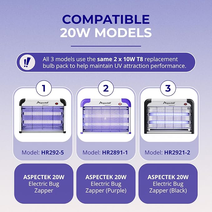 ASPECTEK 20W Bug Zapper Replacement Bulbs - Pack of 2 x 10W, T8 UV Light Tubes for Compatible ASPECTEK 20W Electric Bug Zapper 1-Inch Diameter, 34.5 cm Pin-to-Pin Length