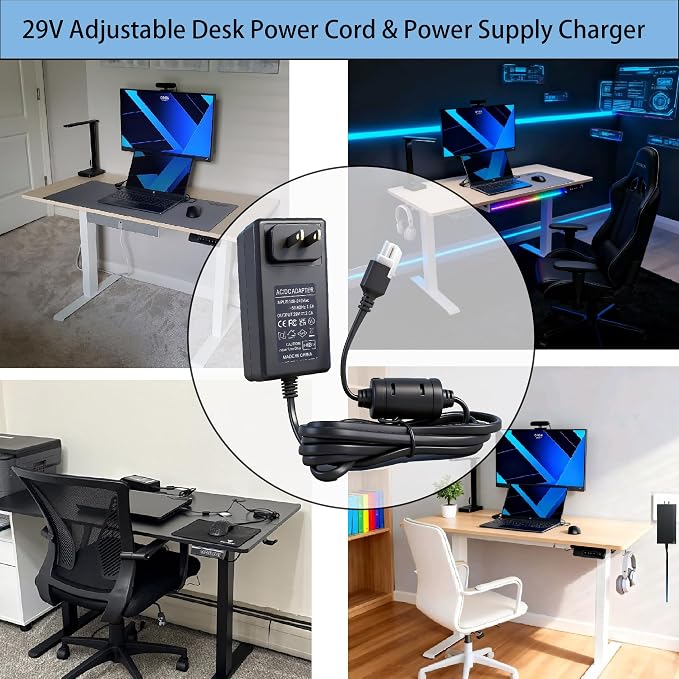 29V 2A Standing Desk Power Cord, 2-Pin Power Supply Adapter Compatible with Claiks P1.01.001/P101001 40/48/55/63 Inch Electric Desk, YH-K290018-C Charger Replacement