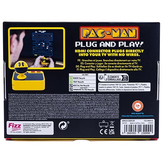 Pac-Man Plug & Play – Retro Gaming Console with Wireless Controller & Classic PAC-MAN Gameplay, Retro TV Game Console – HDMI Arcade Gaming System Plug-and-Play TV Arcade Game for All Ages.