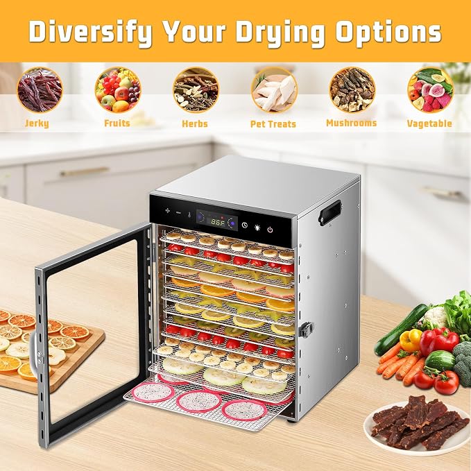 Food Dehydrator Machine with 12 Stainless Steel Trays, 800W Dual-Fan Dehydrator for Home, 24H Timer, 86-194℉ Temperature Control, LED Digital Dispiay for Jerky, Fruit, Vegetable, Herbs, and Dog Treats