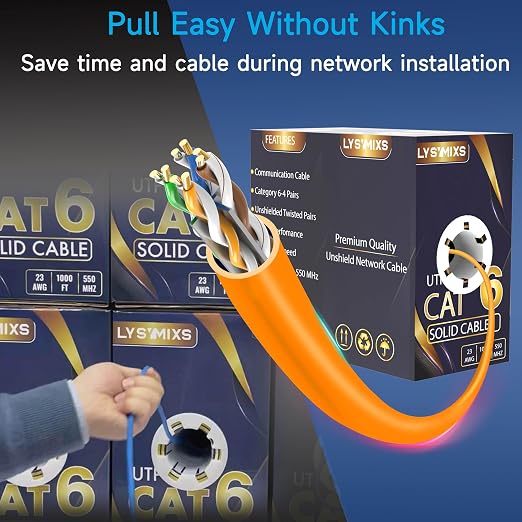 Cat6 Ethernet Cable 1000FT Channel Test Pass, Cat6 1000ft Ethernet Cable 23AWG Solid CCA, Cat6 Cable 550MHZ 10G with Easy Pull Box Orange