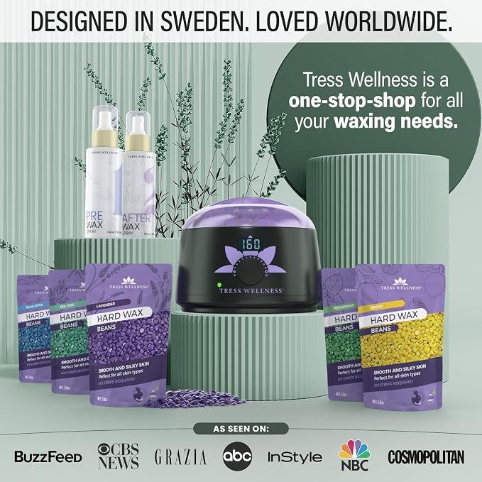 Tress Wellness Award Winning Waxing Kit for Sensitive Skin – Safe for Face & Skin, Easy to Use – At-Home Kit for Face, Bikini, Brazilian & Full Body - Digital Display, Green Mountain
