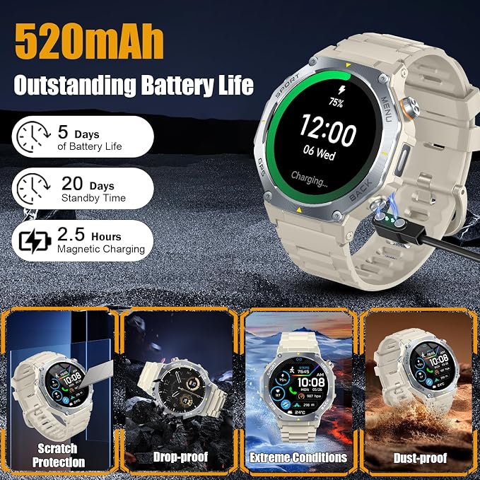 Jugeman Military Smart Watch for Men Answer Make Calls, 5ATM Waterproof Rugged Fitness Tracker with GPS, LED Flashlight, Compass, Heart Rate Sleep Monitor,1.43" AMOLED Display Smartwatch
