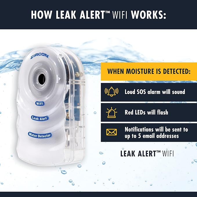Zircon Leak Alert WiFi -Smart Electronic Water Detector Alarm with Email, Audio and Visual Alerts - Battery Included