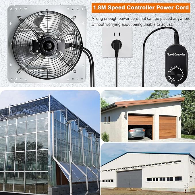 Hiorucet 12 Inch Wall Mounted Shutter Exhaust Fan for Garage, Greenhouse, Shop, Attics, Chicken Coop, Basement, High Performance Low Noise Louvered Exhaust Fan with Speed Controller and Power Cord Kit