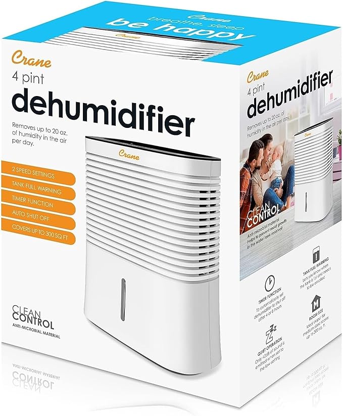 Crane Compact Dehumidifier for 300 Sq Ft Rooms, 0.5 Gallon Tank, For Basements, Bedrooms, Offices, Portable Dehumidifier, Auto Shut-Off, Whisper Quiet