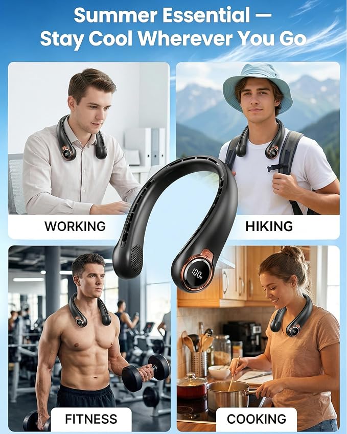 BNBZ Portable Neck Fan, 6000mAh Rechargeable Fan Blows Cold Air with LED Display, 4 Speeds, 20H Runtime, Quiet Wearable 360° Personal Cooling Fan for Outdoor Travel Work Gym,Fireplace Fans