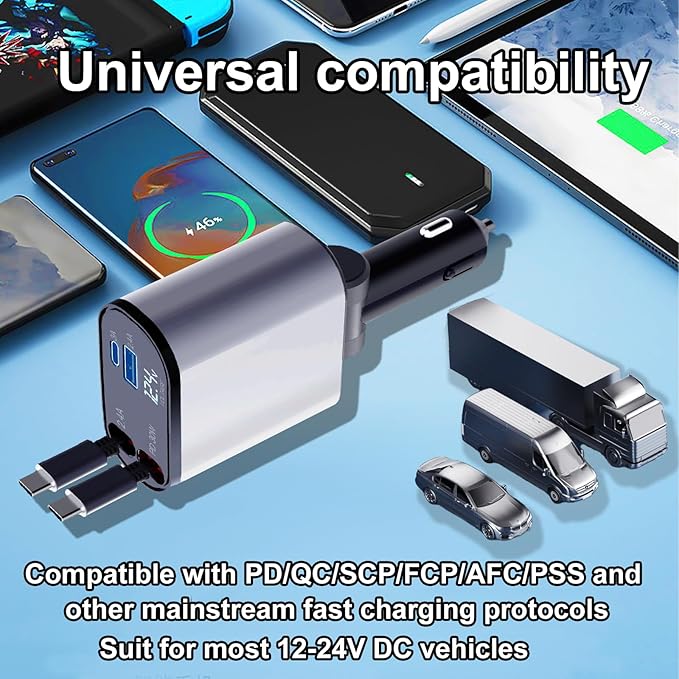 Retractable Car Charger 4 in 1 USB C Fast Charger with Dual Type-C Cables (31.5 inch) and 2 Charging Ports with Voltage Display Compatible with iPhone 17/16 Pro Max Samsung Galaxy Note
