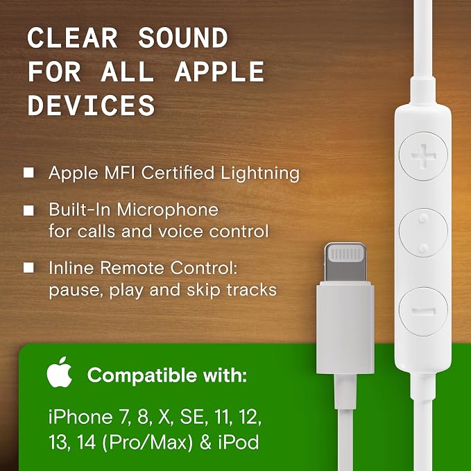 Symphonized iPhone Earphones Wired Deep Bass Sound, 3D Sound, Microphone Volume Control, Noise Isolation, Bubinga Wooden with Lightning (Apple MFI Certified), iPhone SE to 14 Earbuds