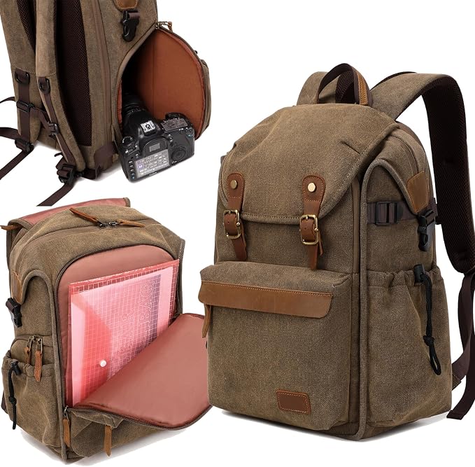 Vintage Canvas Camera Backpack (Charcoal Black) for DSLR/Mirrorless & Drone, Waterproof Photography Bag with 16" Laptop Compartment, Large Capacity Travel Camera Bag for Photographers