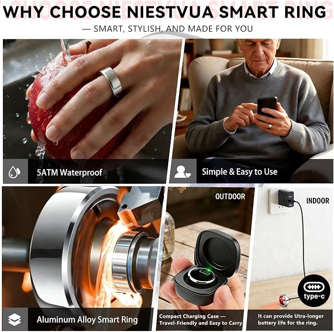 Smart Ring for Women & Men, Health & Fitness Tracker with Heart Rate/Sleep Monitoring/Blood Pressure,5ATM Waterproof,Activity Trackers with Free App,Stylish Fitness Ring Birthday Gift(Size 11, Silver)