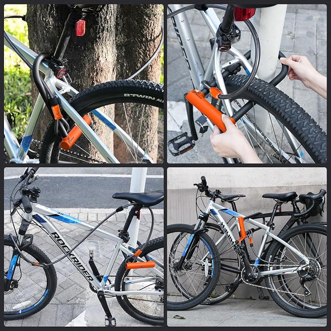Sportneer Bike Lock: Heavy Duty Bike U Lock with 6ft Security Steel Cable - 18mm Shackle Bicycle U-Locks with Keys and Sturdy Mounting Bracket for Road Mountain Bike Bicycle-Size 11.5''x6.25'', Orange