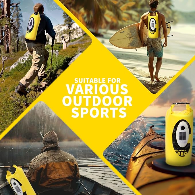 FELICON Waterproof Dry Bag Backpack with Bluetooth Speaker, 10L Roll Top Floating Sack, Solar & USB-C Powered Emergency Charger, RGB Light, Heavy Duty PVC for Kayaking Camping, Yellow