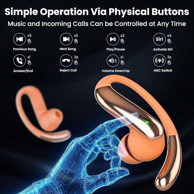 Bluetooth Headphones Wireless Earbuds Bluetooth 6.0 Headphone,Sport Bluetooth Earbuds Stereo Deep Bass Over Ear Bud with Earhooks,50Hrs Playtime, IP5 Waterproof Earphone for Gym/Running/Workout Orange